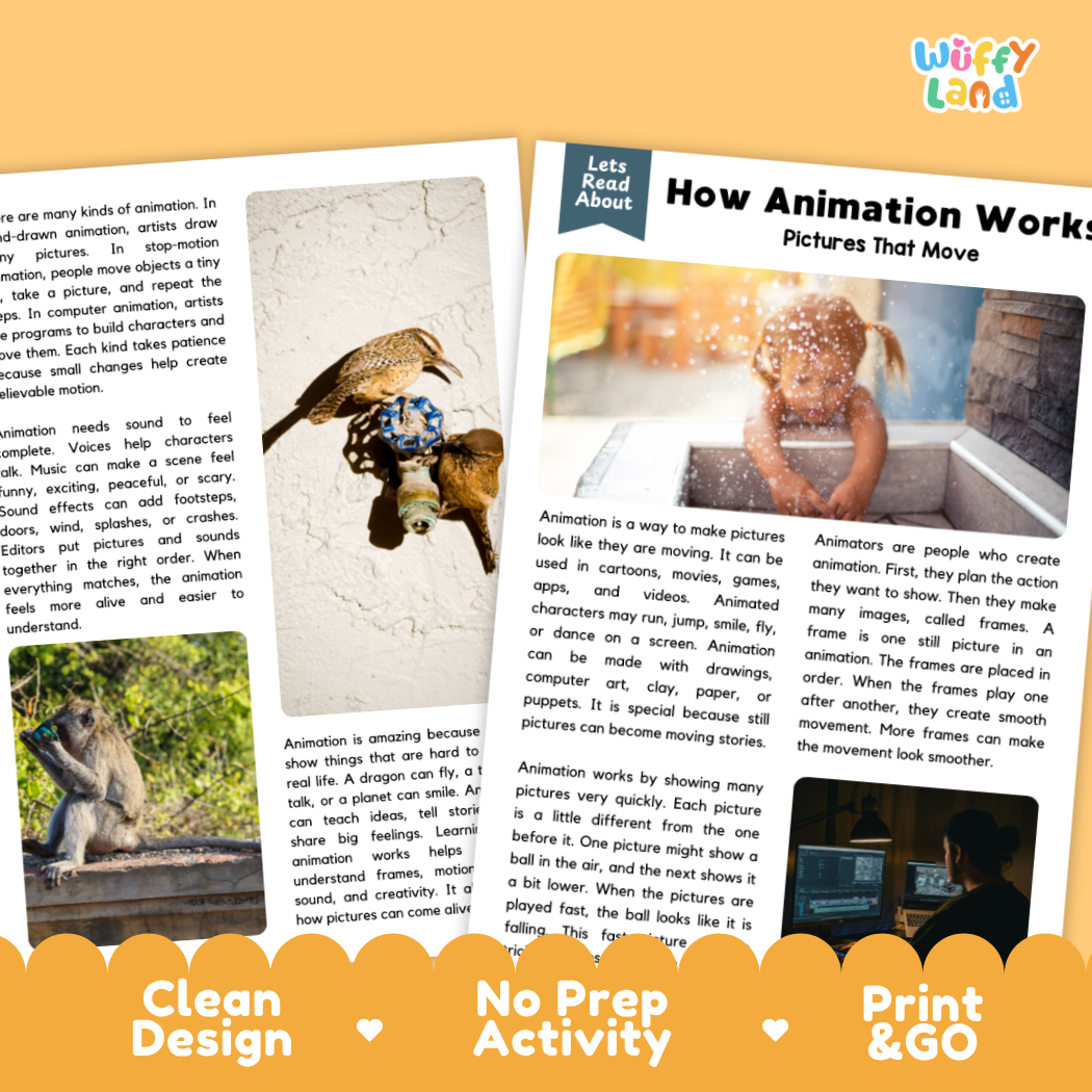 Teacher answer key page showing complete question solutions for animation technology and arts reading comprehension practice