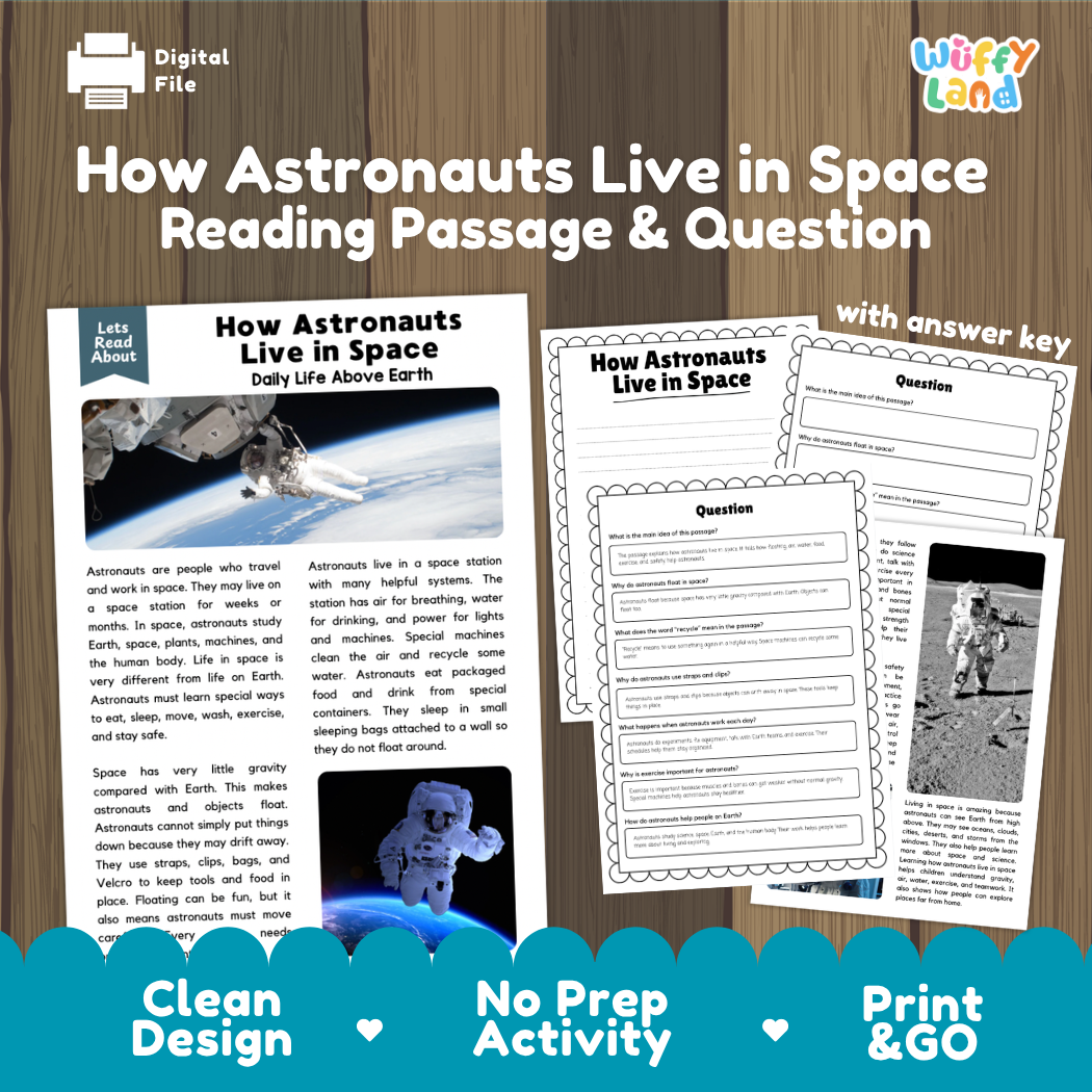 How Astronauts Live in Space reading comprehension passage and questions printable activity pack with answer key for elementary students