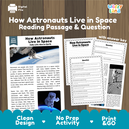 How Astronauts Live in Space reading comprehension passage and questions printable activity pack with answer key for elementary students