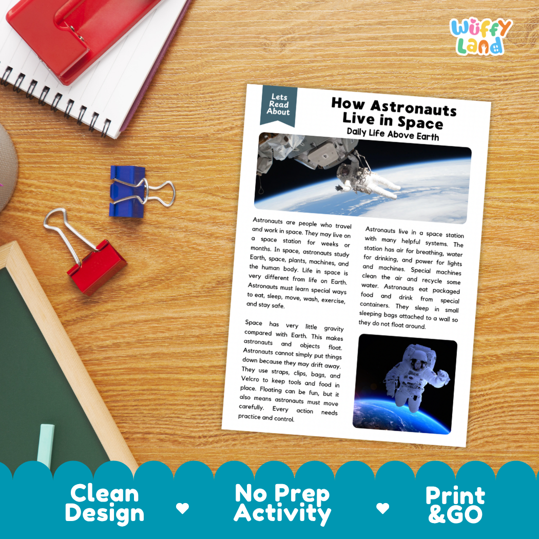 Student reading comprehension worksheet with short-answer questions and lined sections about astronauts and space station living