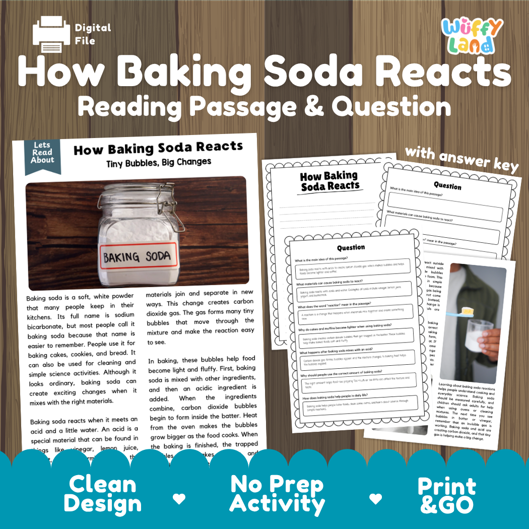 How Baking Soda Reacts reading comprehension passage and questions activity pack with full answer key for students