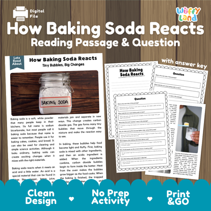 How Baking Soda Reacts reading comprehension passage and questions activity pack with full answer key for students