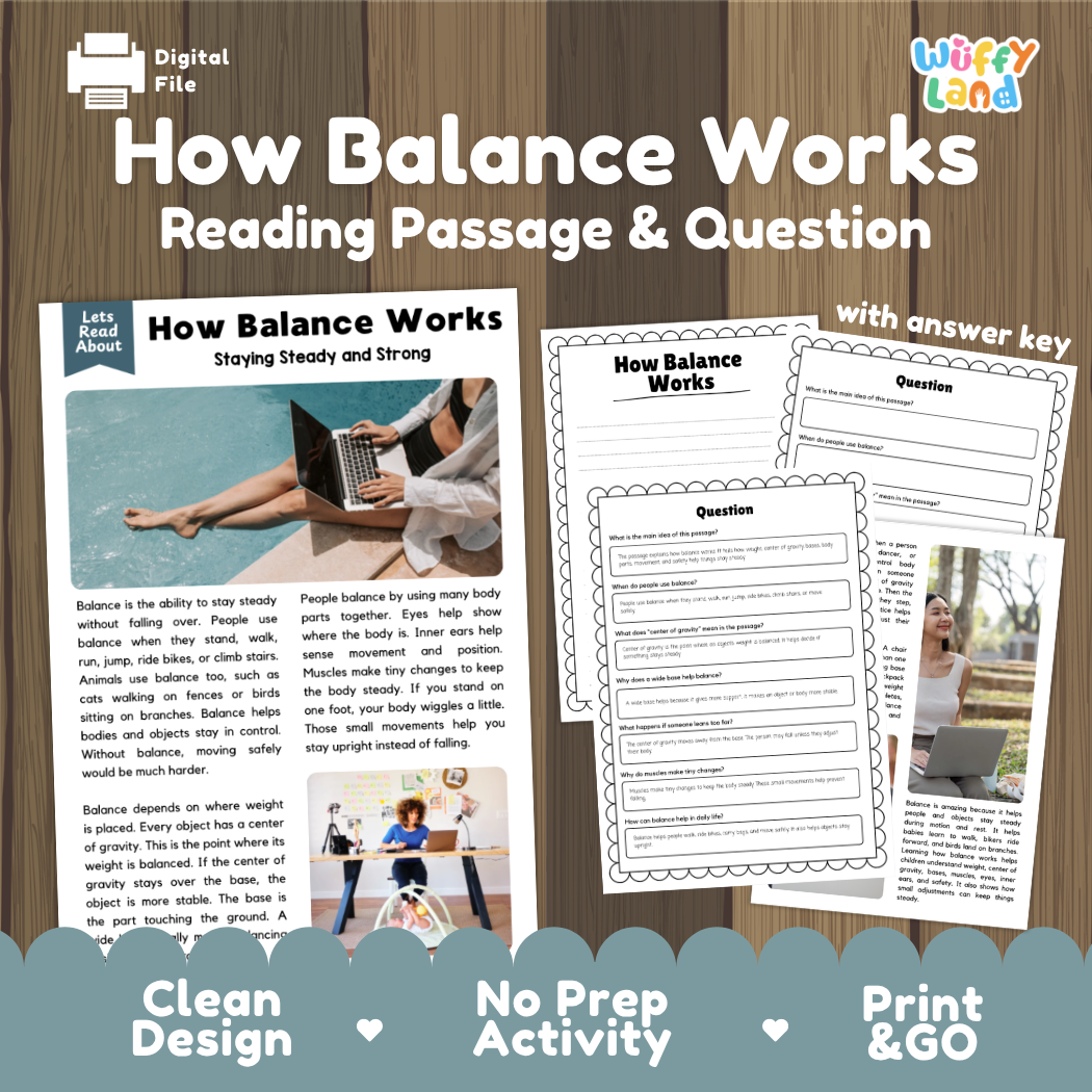 How balance works reading comprehension passage and questions printable activity pack with answer key for elementary students