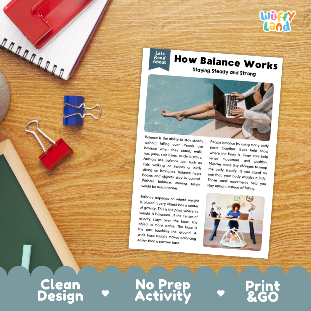 Student reading comprehension worksheet with short-answer questions and lined sections about how balance works