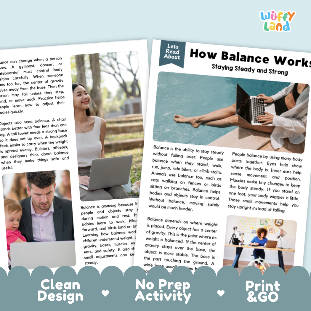 Teacher answer key page showing complete question solutions for How Balance Works physical science reading comprehension practice