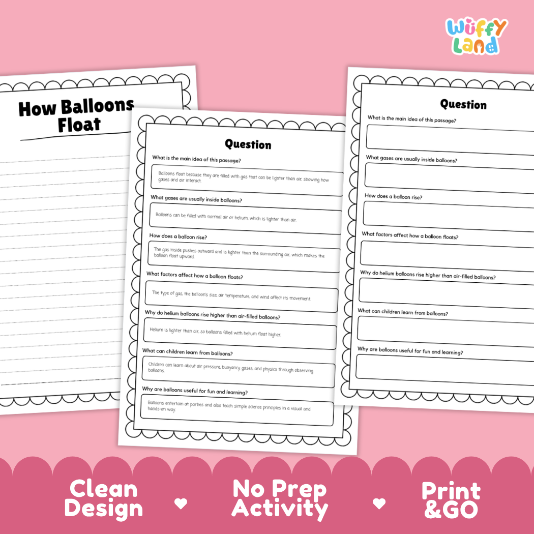 Educational reading passage explaining buoyancy, helium gases, air pressure, and how balloons float