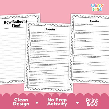 Educational reading passage explaining buoyancy, helium gases, air pressure, and how balloons float