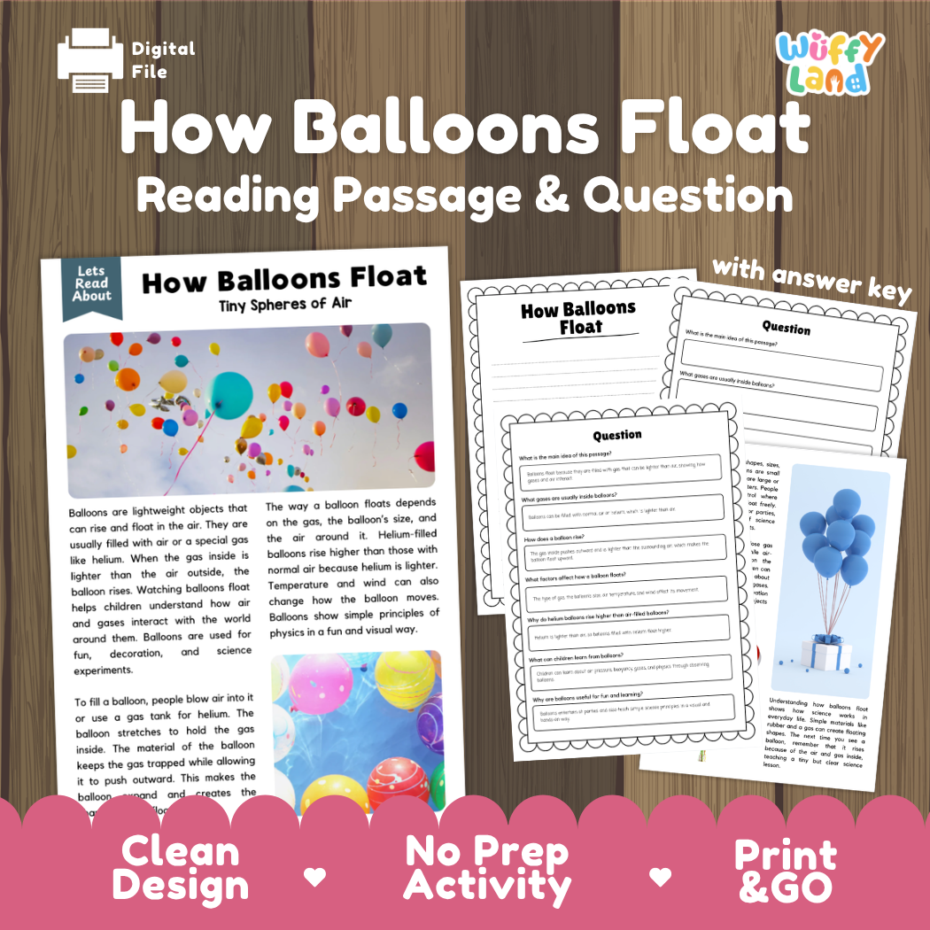 How Balloons Float reading comprehension passage and questions activity pack with full answer key for students
