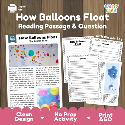 How Balloons Float reading comprehension passage and questions activity pack with full answer key for students
