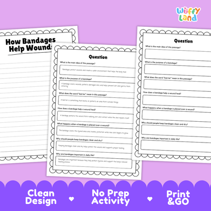 Educational reading passage explaining protective barriers, absorbent pads, wound care, and how bandages help wounds