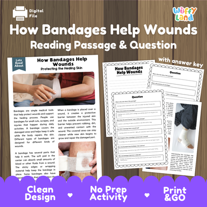 How Bandages Help Wounds reading comprehension passage and questions activity pack with full answer key for students