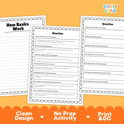Educational reading passage explaining bank accounts, deposits, withdrawals, saving, and interest