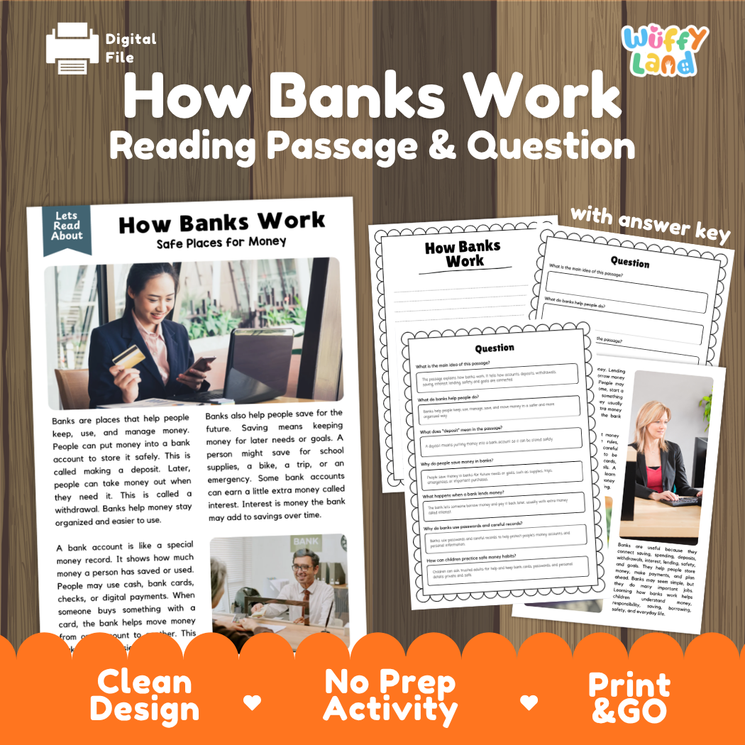 How Banks Work reading comprehension passage and questions activity pack with full answer key for students