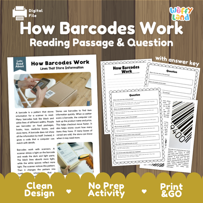 How Barcodes Work reading comprehension passage and question worksheets pack with complete answer key