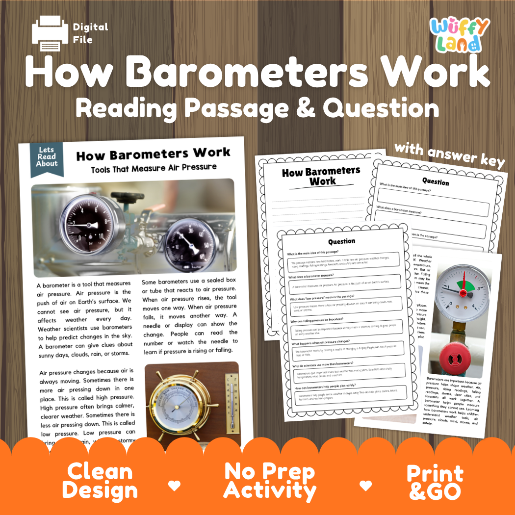 How Barometers Work reading comprehension passage and questions activity pack with full answer key for students