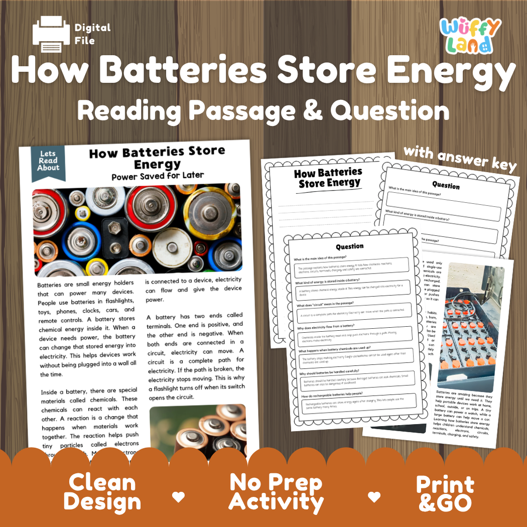 How batteries store energy reading comprehension passage and questions printable activity pack with answer key for elementary students