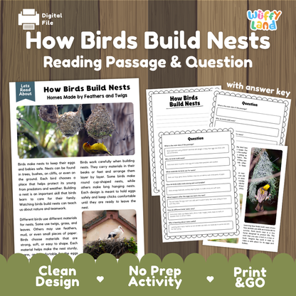 How Birds Build Nests reading comprehension passage and questions activity pack with full answer key for students