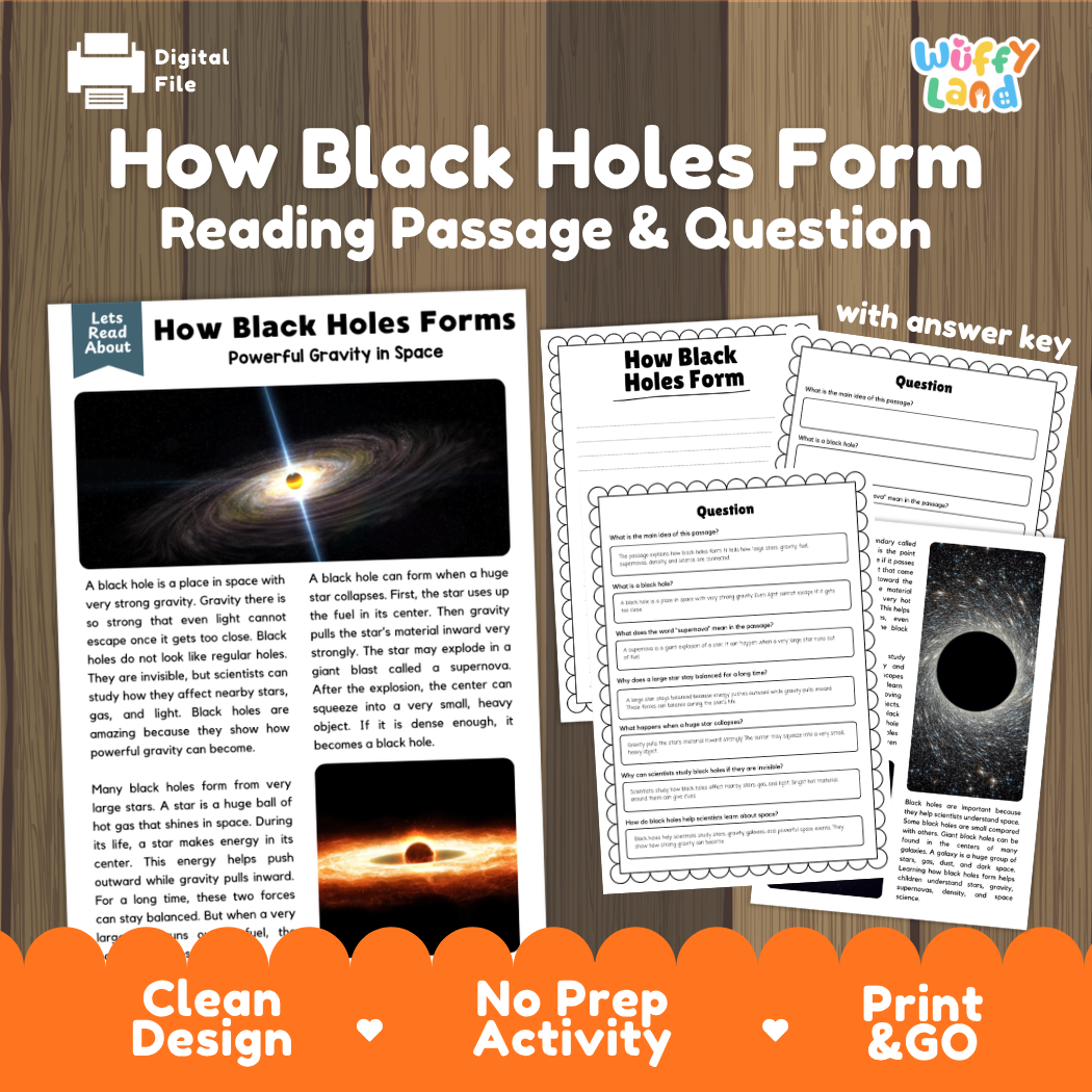 How Black Holes Form reading comprehension passage and questions printable activity pack with answer key for elementary students