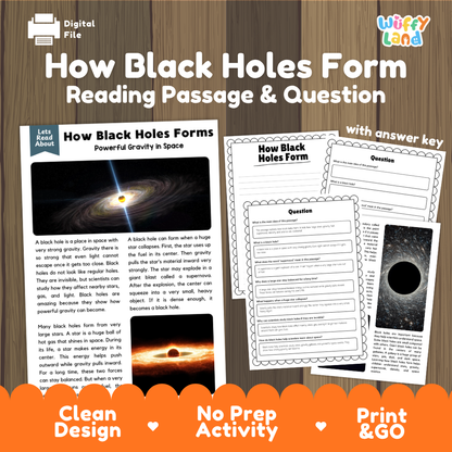 How Black Holes Form reading comprehension passage and questions printable activity pack with answer key for elementary students