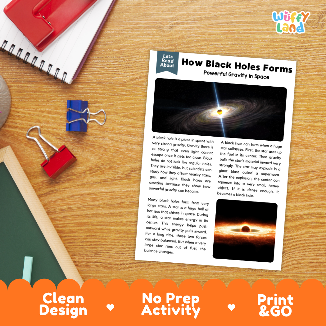 Student reading comprehension worksheet with short-answer questions and lined sections about black holes and collapsing stars