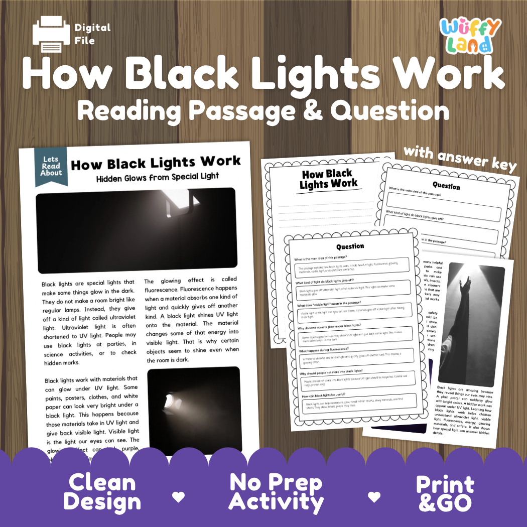 How black lights work reading comprehension passage and questions printable activity pack with answer key for elementary students