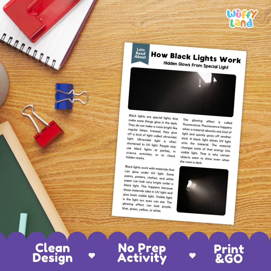 Student reading comprehension worksheet with short-answer questions and lined sections about how black lights work