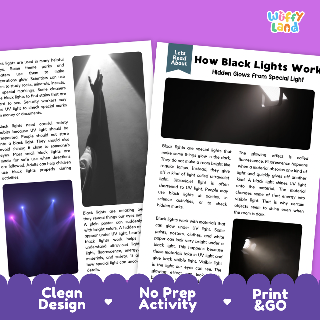 Teacher answer key page showing complete question solutions for How Black Lights Work physical science reading comprehension practice