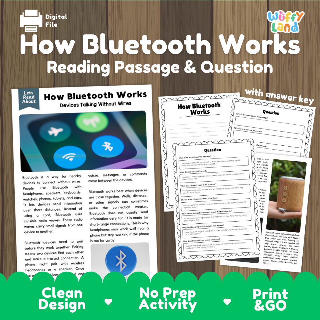 How Bluetooth Works reading passage and comprehension question worksheet pack with answer key for elementary and middle school students