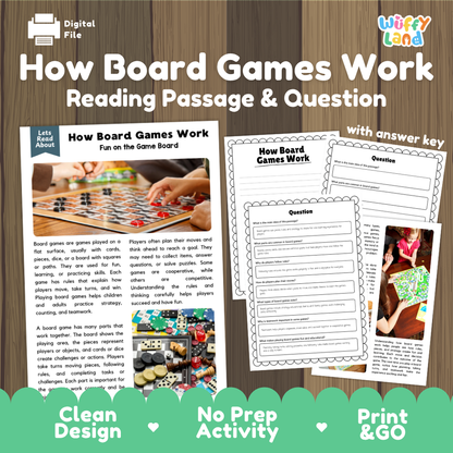 How Board Games Work reading comprehension passage and questions activity pack with full answer key for students