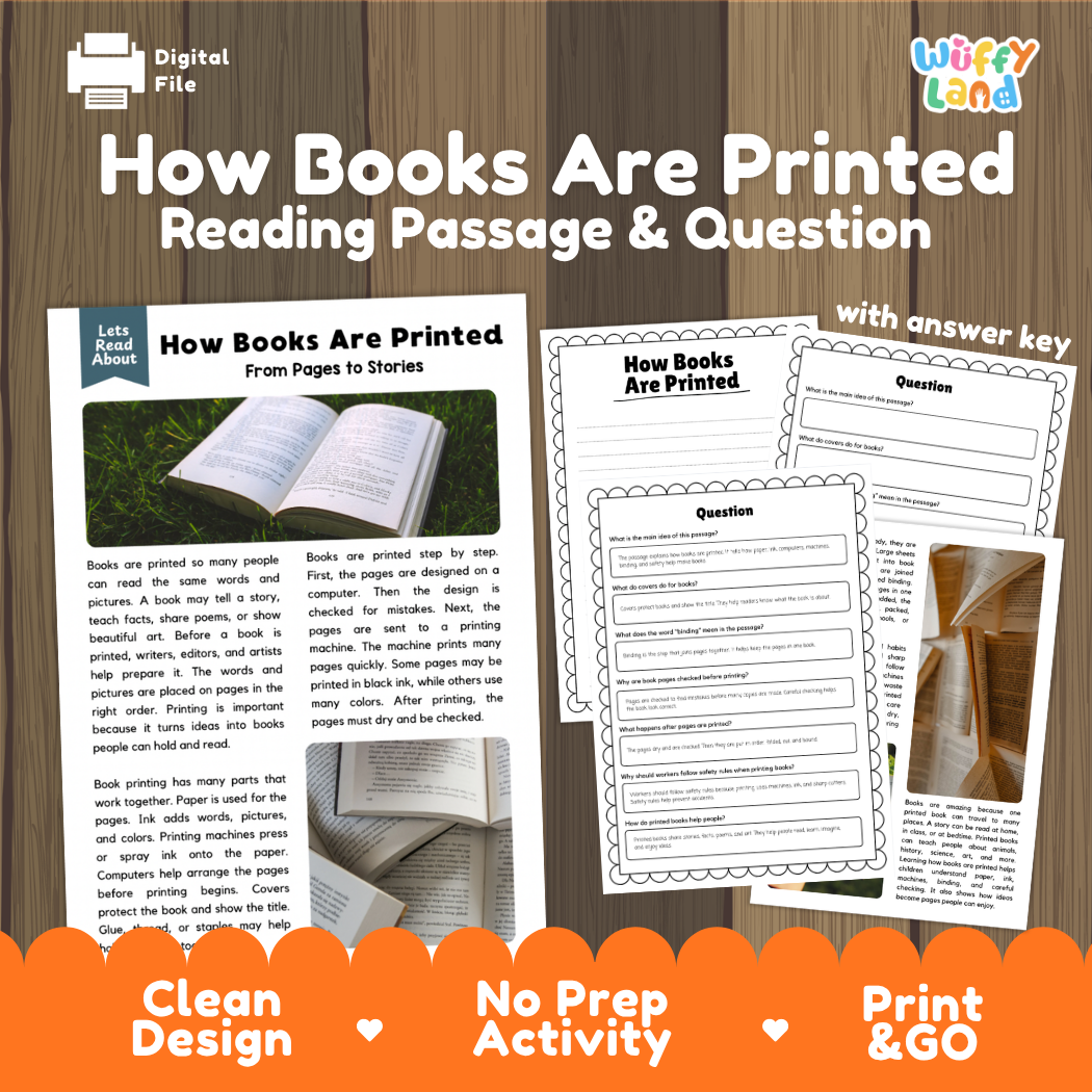 How Books Are Printed reading comprehension passage and questions printable activity pack with answer key for elementary students