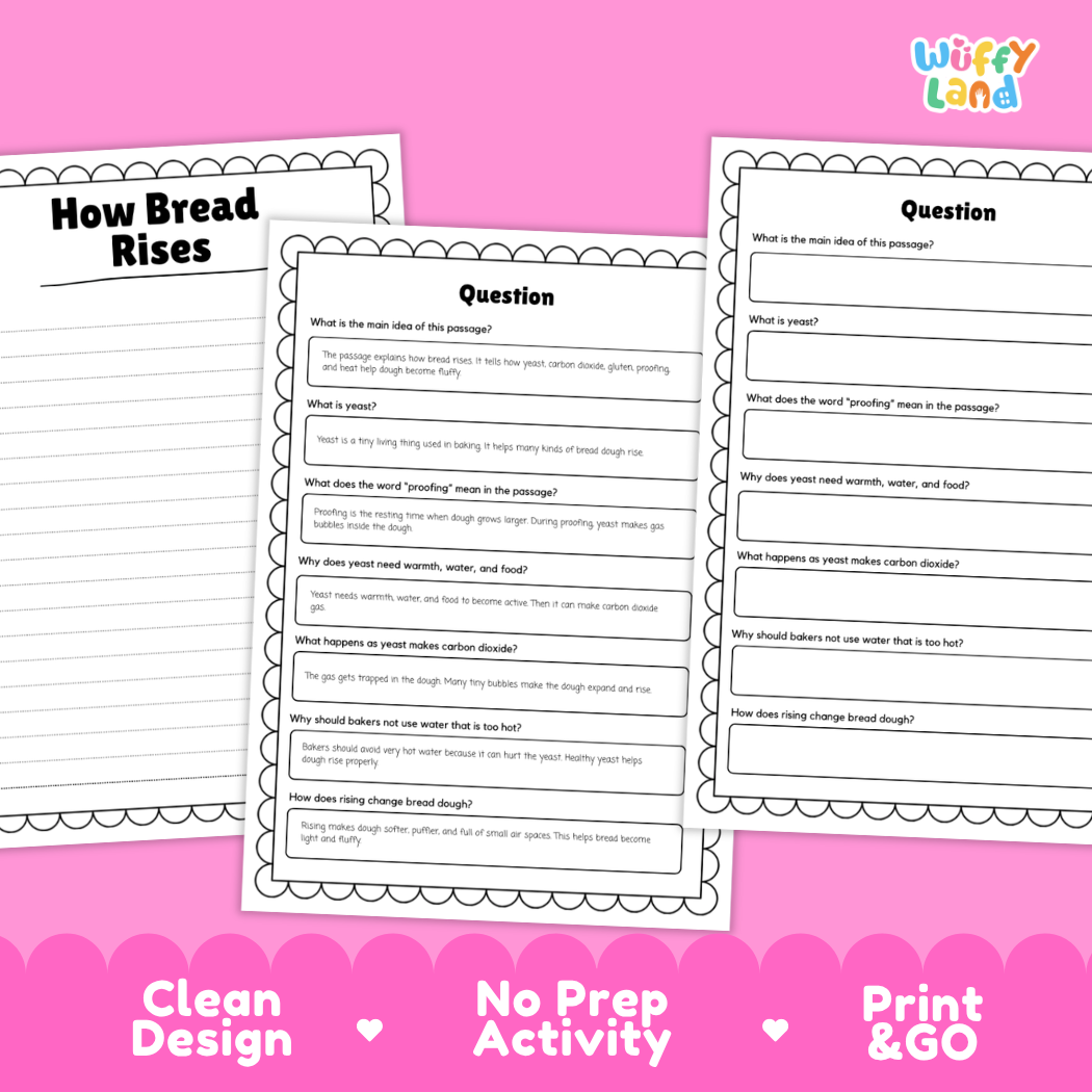 Informational reading passage page detailing yeast fermentation gluten dough kneading and bread baking science with photos