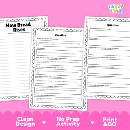 Informational reading passage page detailing yeast fermentation gluten dough kneading and bread baking science with photos
