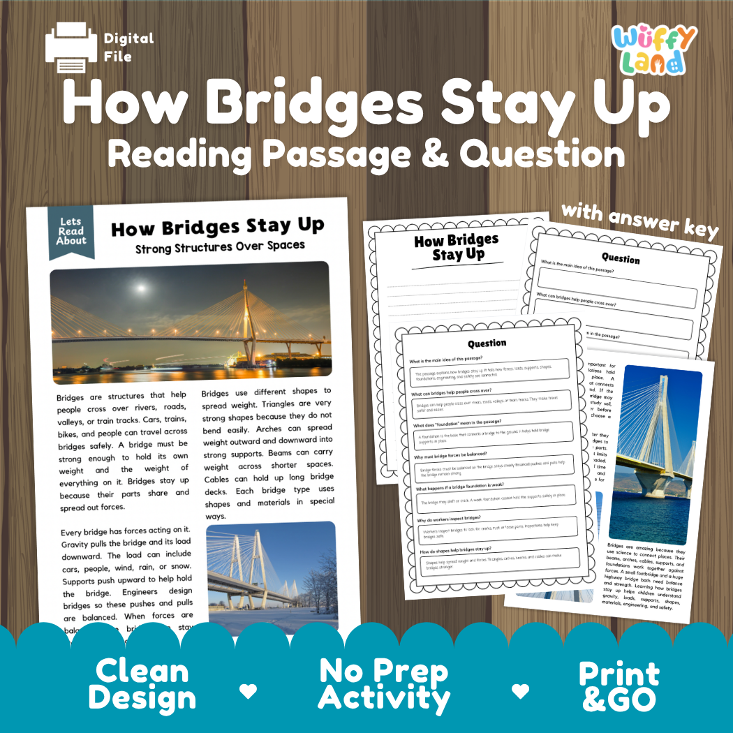 How bridges stay up reading comprehension passage and questions printable activity pack with answer key for elementary students