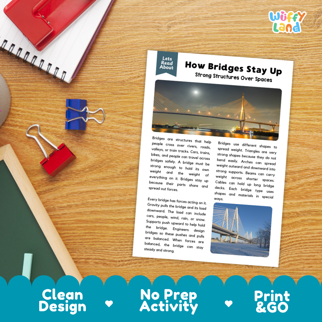 Student reading comprehension worksheet with short-answer questions and lined sections about how bridges stay up