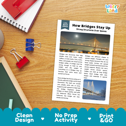 Student reading comprehension worksheet with short-answer questions and lined sections about how bridges stay up
