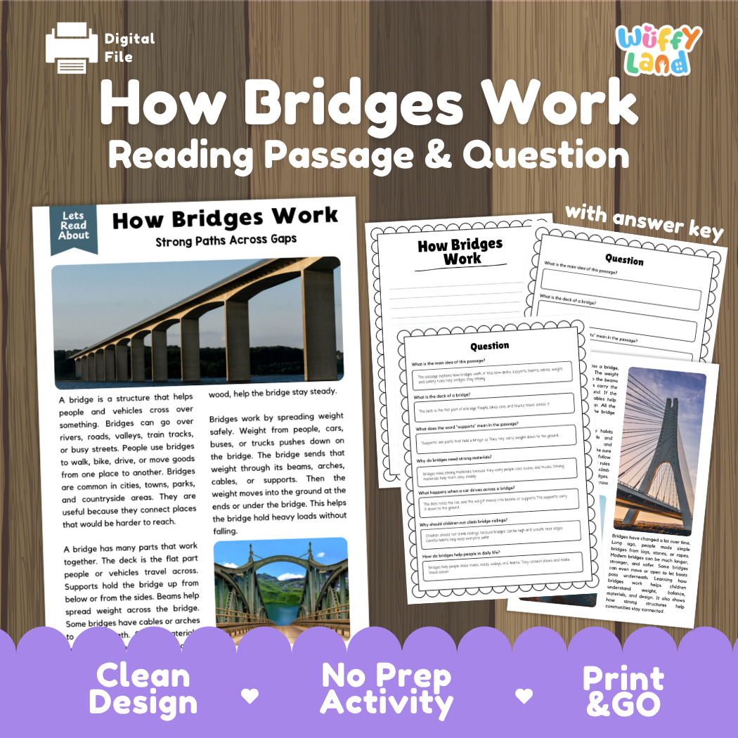 How bridges work reading comprehension passage and questions printable activity pack with answer key for elementary students