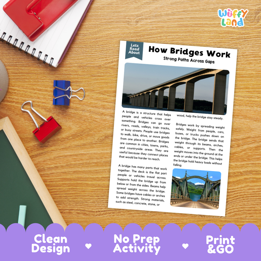 Student reading comprehension worksheet with short-answer questions and lined sections about bridge structures