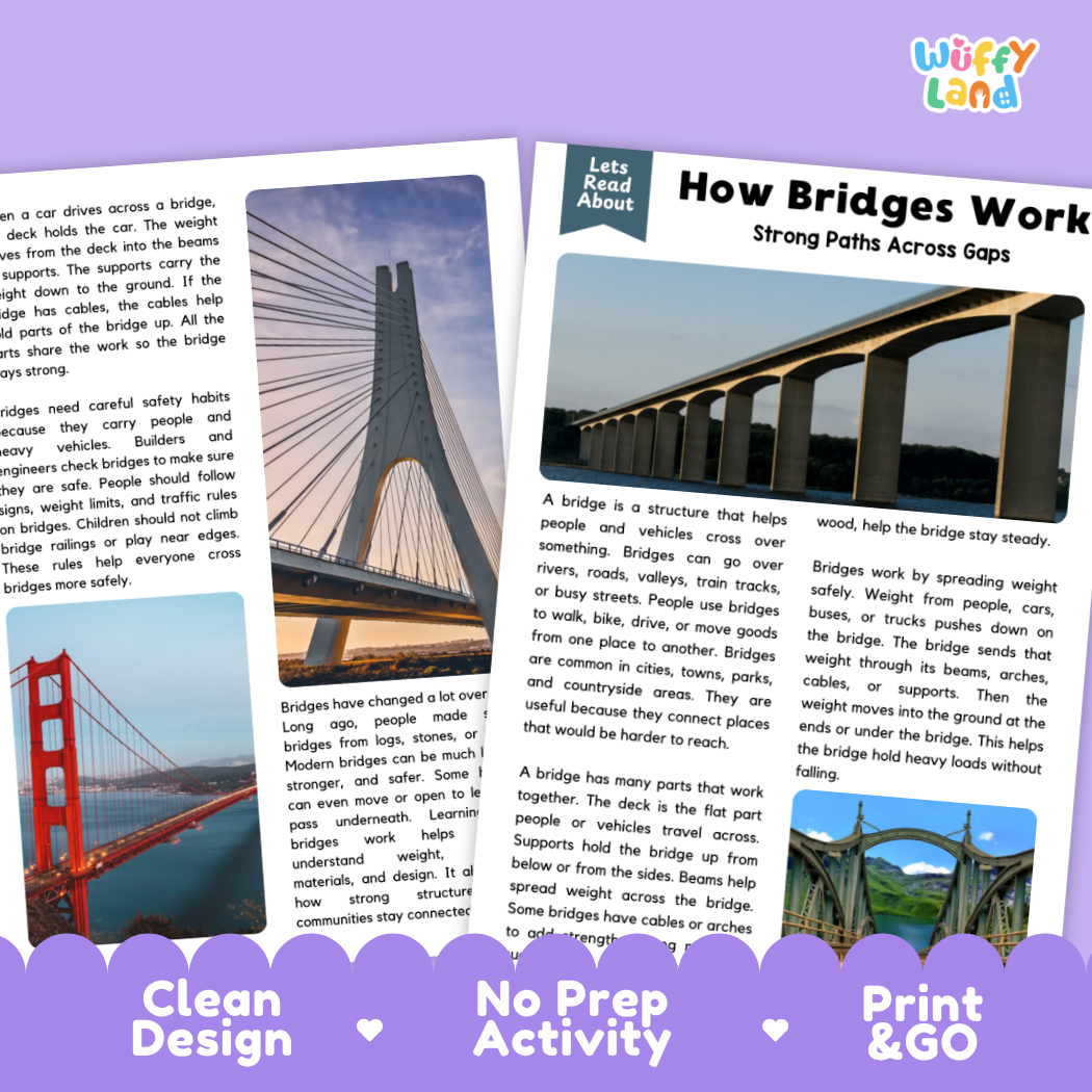 Teacher answer key page showing complete question solutions for how bridges work reading comprehension practice