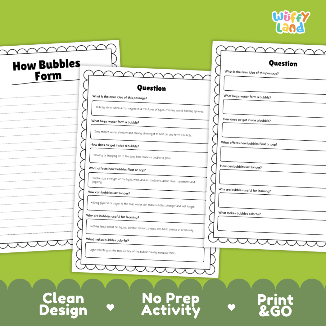 Educational reading passage explaining surface tension, soapy films, air pressure, and how bubbles form
