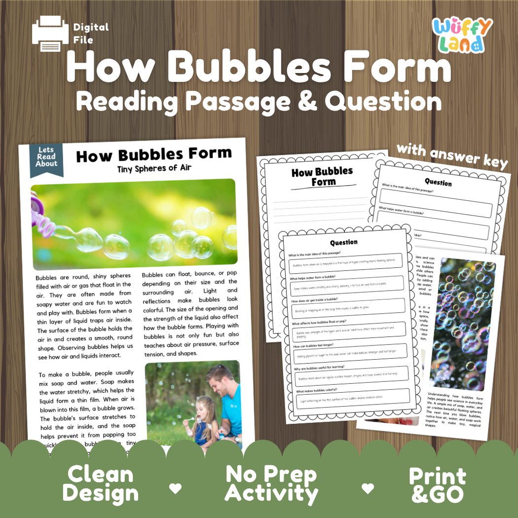 How Bubbles Form reading comprehension passage and questions activity pack with full answer key for students
