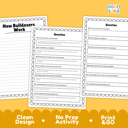 Informational reading passage page detailing bulldozer mechanics front blades continuous tracks and earthmoving with photos