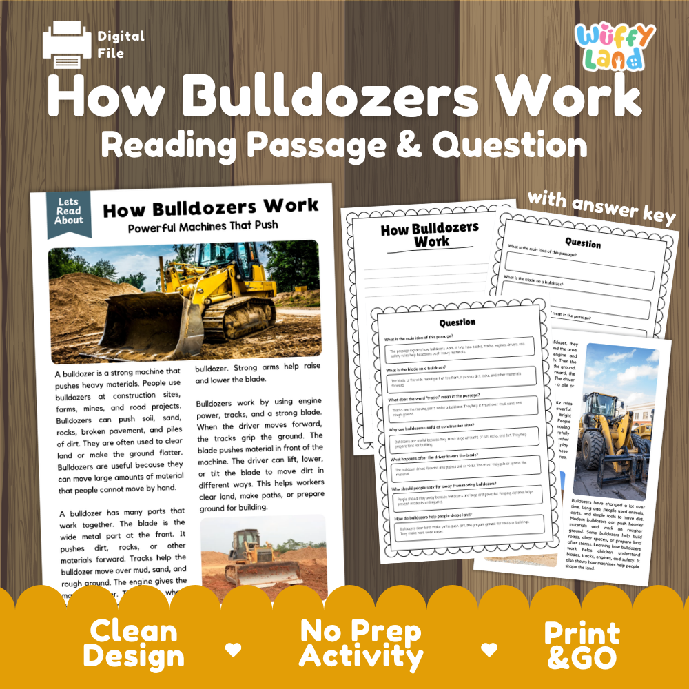 How bulldozers work reading comprehension passage and questions printable activity pack with answer key for elementary students