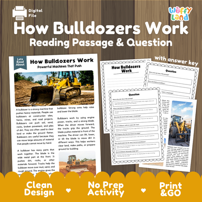 How bulldozers work reading comprehension passage and questions printable activity pack with answer key for elementary students