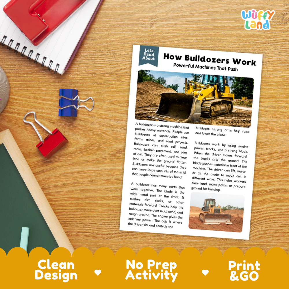 Student reading comprehension worksheet with short-answer questions and lined sections about bulldozer operations