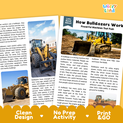 Teacher answer key page showing complete question solutions for how bulldozers work reading comprehension practice