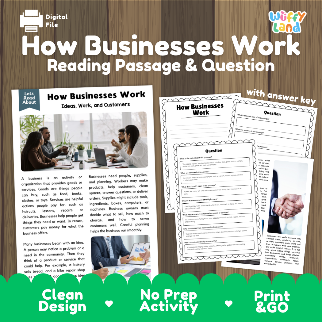 How Businesses Work reading comprehension passage and questions activity pack with full answer key for students