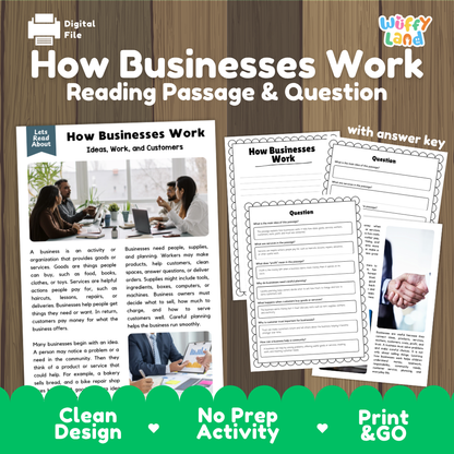 How Businesses Work reading comprehension passage and questions activity pack with full answer key for students