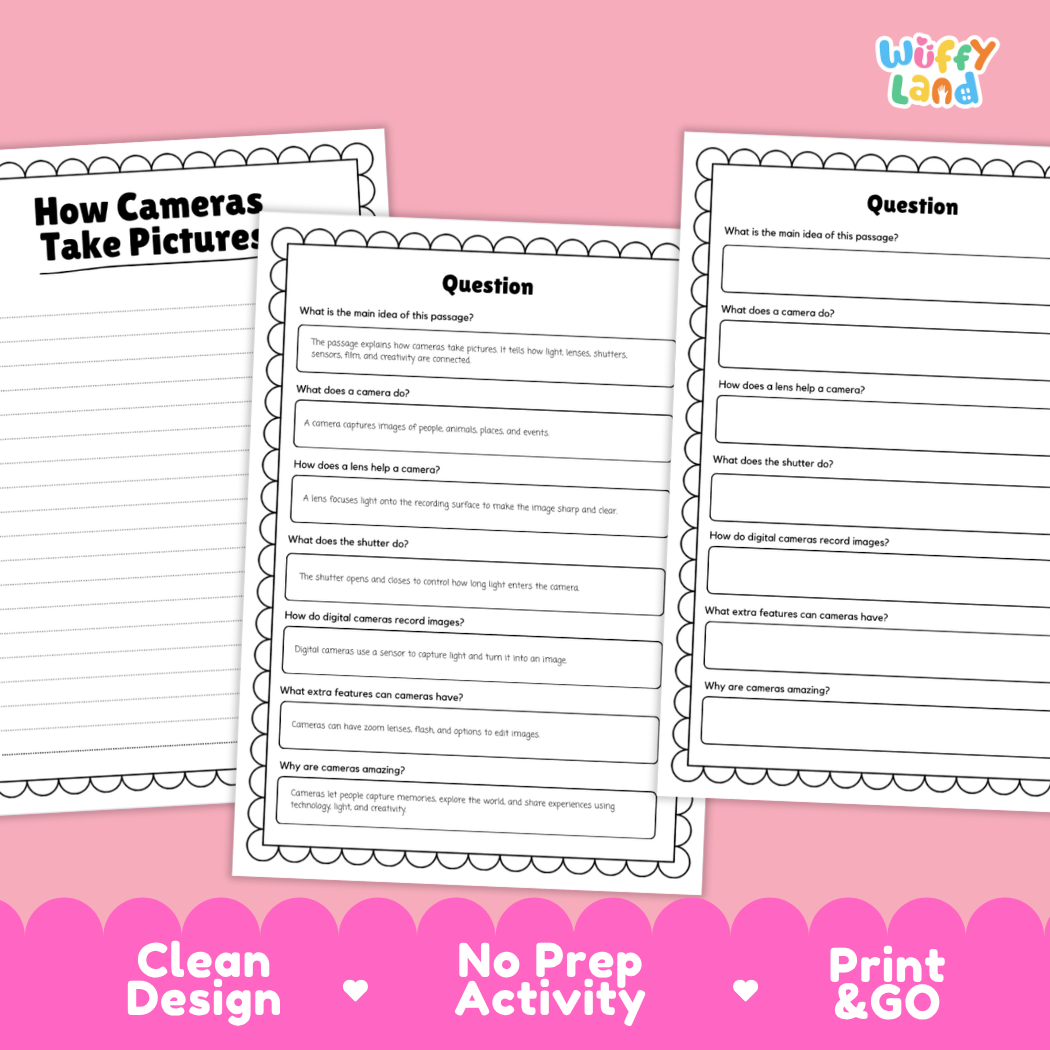 Educational reading passage explaining lenses, shutters, digital sensors, and how cameras take pictures