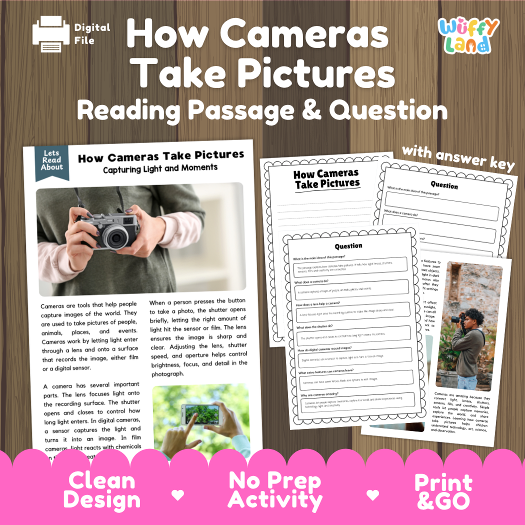 How Cameras Take Pictures reading comprehension passage and questions activity pack with full answer key for students