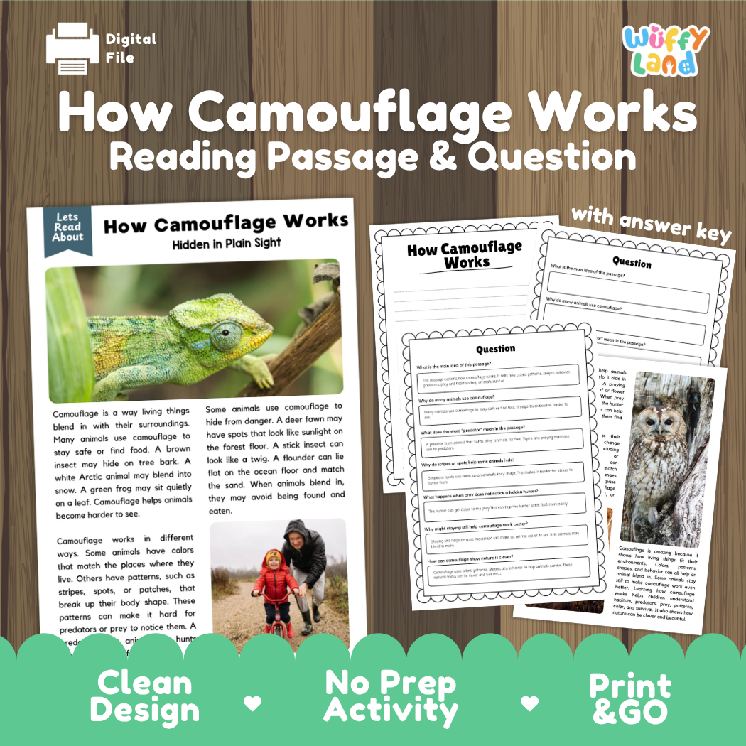 How camouflage works reading comprehension passage and questions printable activity pack with answer key for elementary students